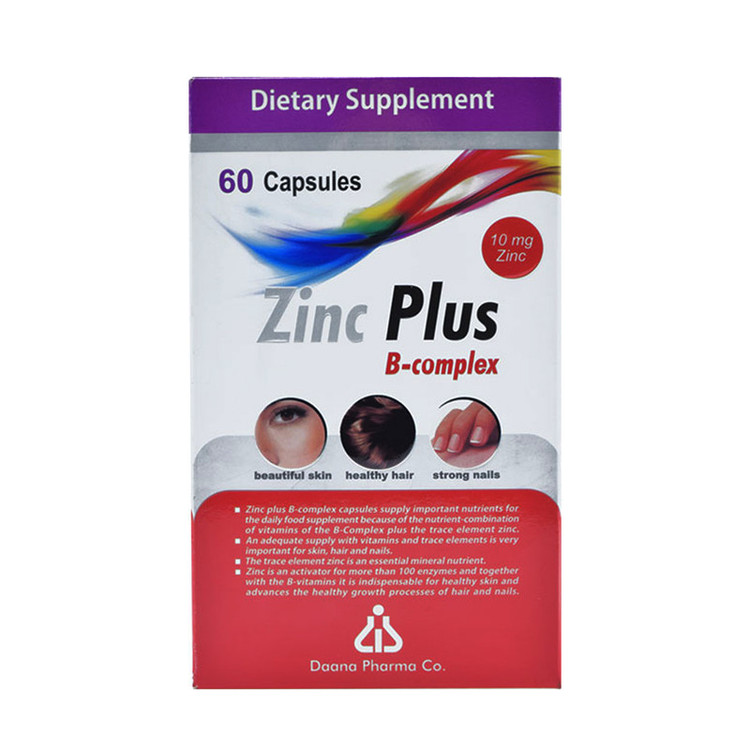 کپسول زینک پلاس 10 میلی گرمی تقویتکننده سیستم ایمنی و سلامت پوست و مو دانا مدل B-complex بسته 60 عددی با ویتامینهای گروه ب، بیوتین، فولیک اسید و ویتامین C، پیشگیری از ریزش مو و تقویت ناخن، ترمیم زخم و افزایش مقاومت بدن
