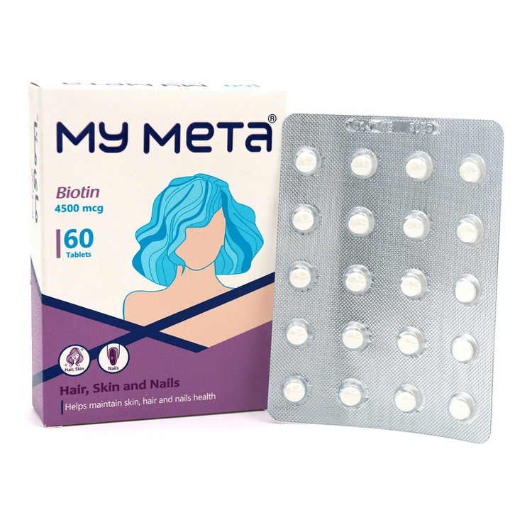 قرص بیوتین 4500mcg مای متا، تقویتکننده سلامت پوست، مو و ناخن، ضد ریزش، افزایش استحکام و ضخامت مو و ناخن، کمک به ترمیم و پیشگیری از شکنندگی